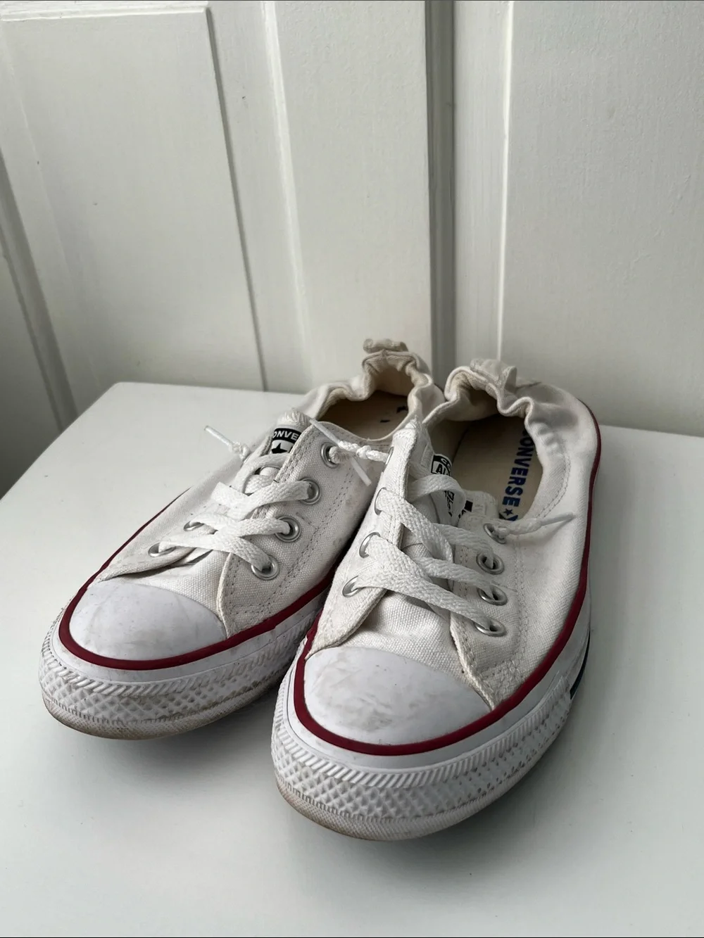 Converse Worn White Canvas Sneakers with Red Trim 9.5 Women’s - Picture 3 of 8